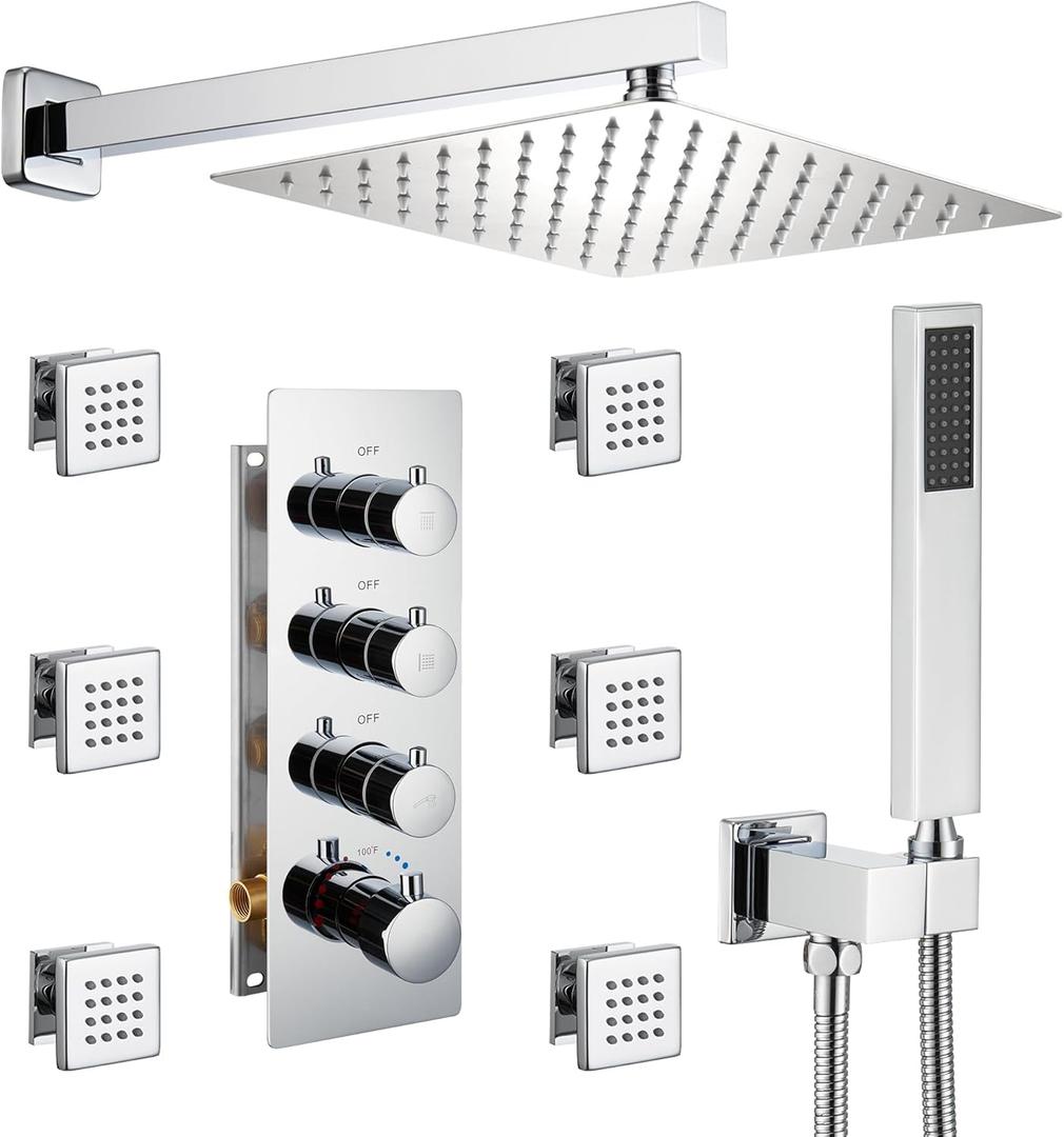 MONDAWE 12 Inch Thermostatic Shower System in Chrome, Wall Mounted Shower Head with Handheld Spray and 6 Body Jets, High Pressure Bathroom Shower Faucet Set with Thermostatic Valve