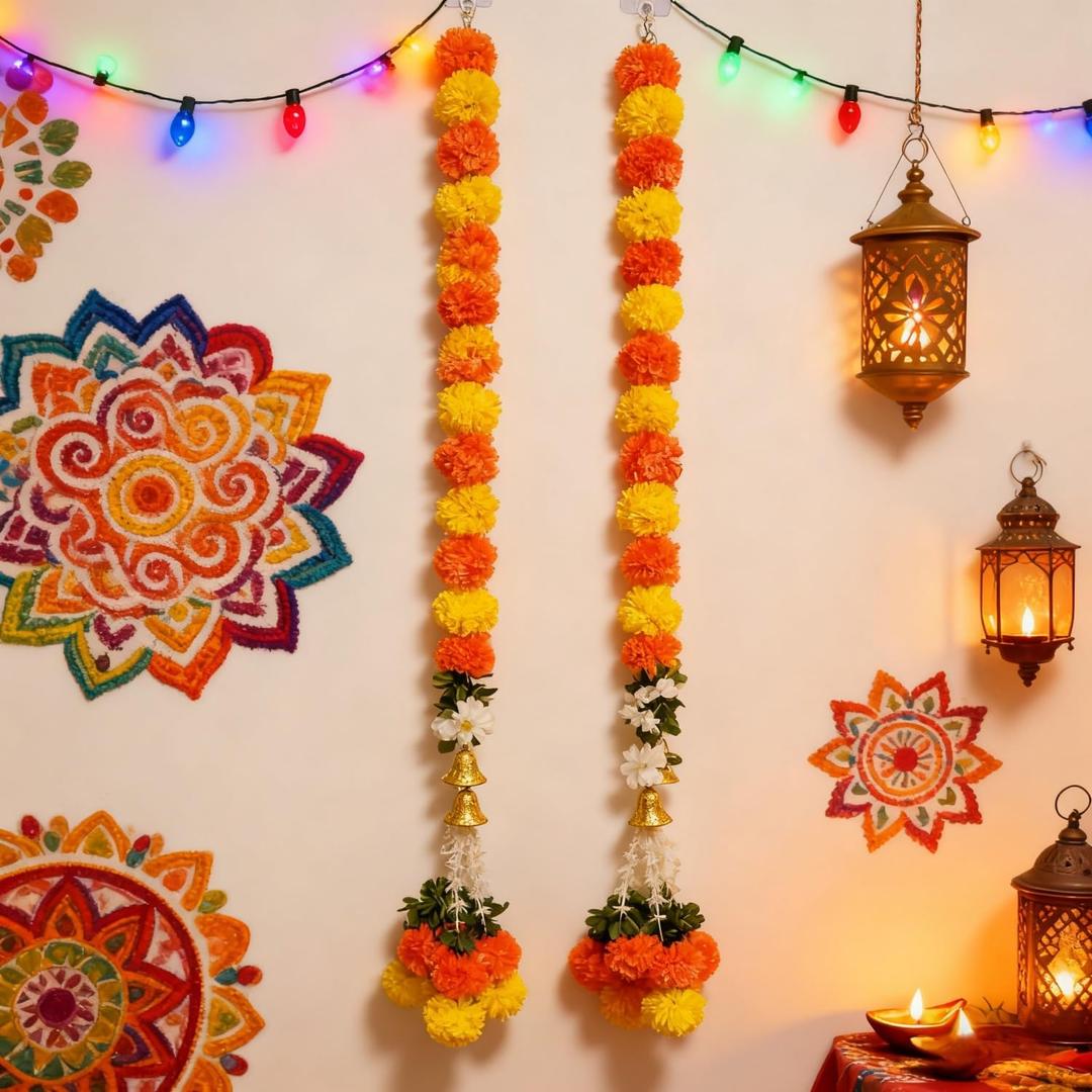 KYMY Artificial Marigold Garlands for Diwali Decorations, 2Pcs 4.3ft Long Flower Strands Hanging Dcor with Bells for Hindu Puja, Day of The Dead, Dia De Los Muertos, Wedding & Halloween Festival (Yellow)