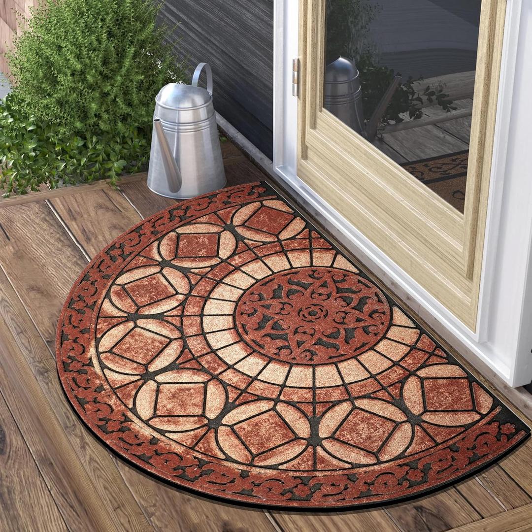 MANO Front Door Mat Outdoor Entrance, Heavy Duty Doormat Half Circle Rug for Outside Entry, Welcome Mat for Indoor Half Round Door Mats with Non Slip Rubber (21" x 33", Rust Red)