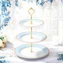 CHENGU 3 Tier Cupcake Stand Blue Ceramic with Gold Frame, 10" 9" 7" Dessert Tower for Baby Shower Birthday Wedding Tea Party, Tiered Cake Holder Display for Cupcakes Pastries Fruits