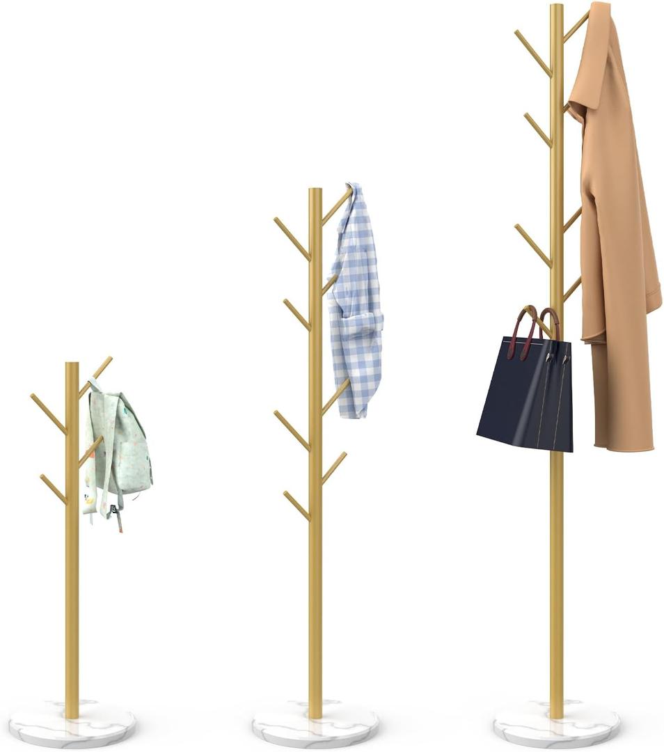 Heavy Duty Coat Rack with Natural Marble Base, Freestanding Metal Coat Stand with 8 Hooks, Modern Stable Coat Hanger Tree for Bags, Jacket, Clothes, and Hats, Gold Metal