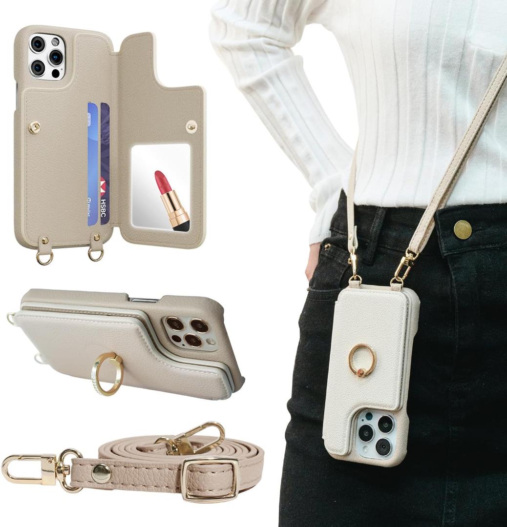 Crossbody Wallet Case for iPhone 16 Pro Max, Card Slot Phone Case with 360 Ring Stand, Built-in Makeup Mirror, Snap Closure, Adjustable Shoulder Strap, 6.9 Inch (White)