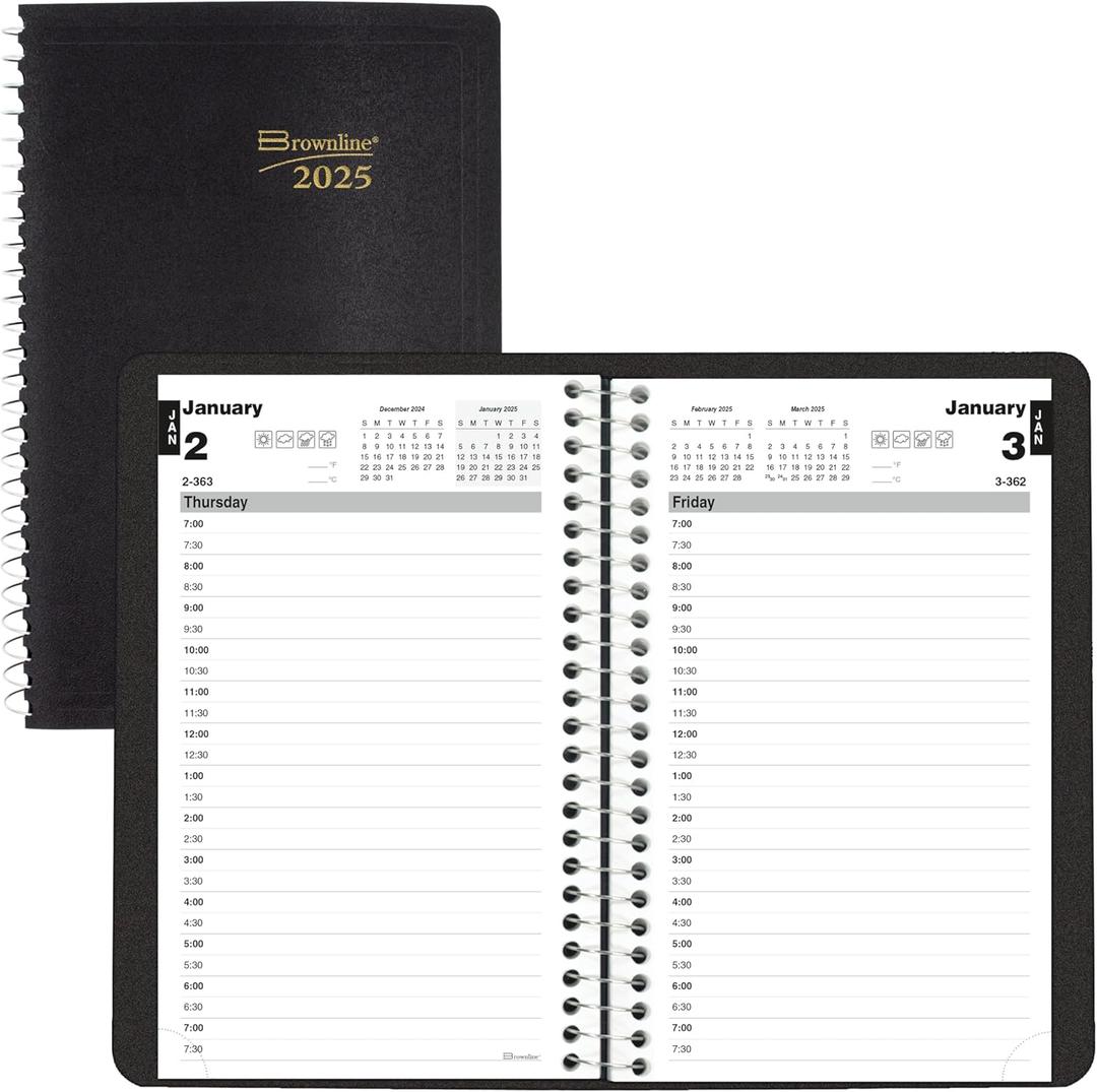 Blueline 2025 Essential Daily Planner, Appointment Book, 12 Months, January to December, Spiral Binding, 8" x 5", Black, Bilingual (C2504.81BT-25)