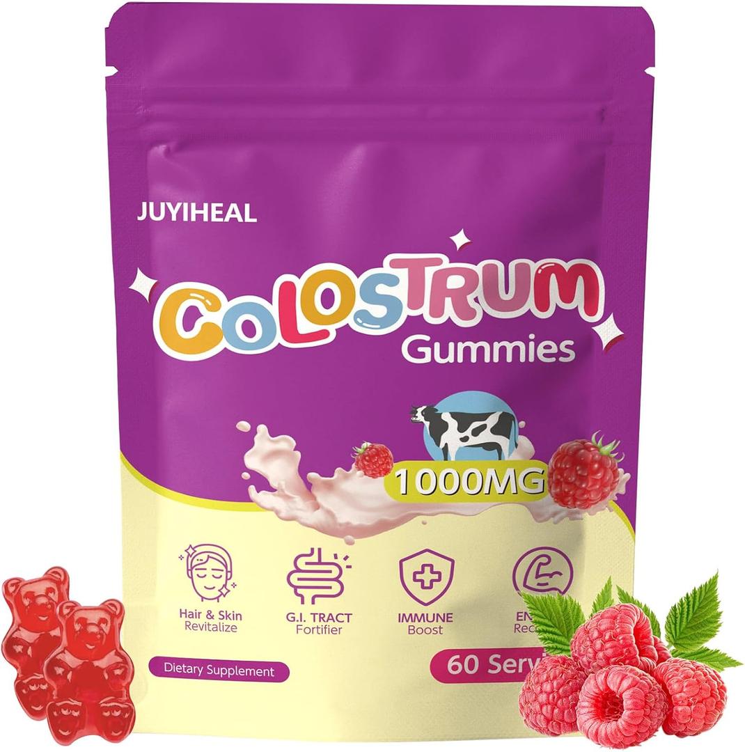 Colostrum Gummies, 1000 mg Grass Fed Colostrum Chews Colostrum Supplement for Gut Health, Hair Growth, Beauty, and Immune Support, Raspberry Flavor 60 Servings EXP: 01/19/2027