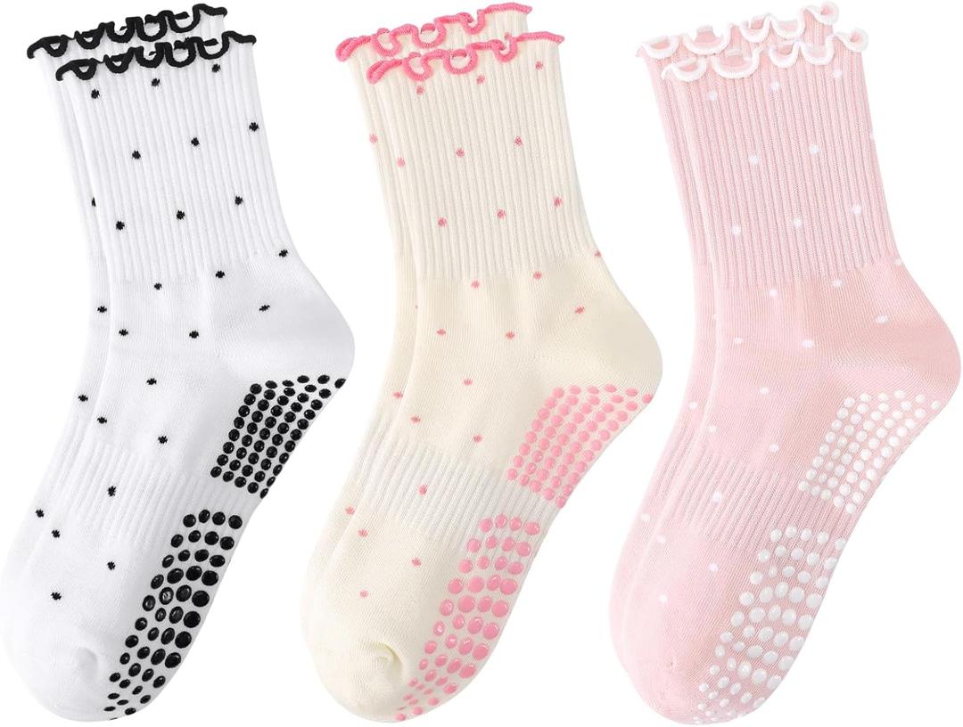 Pilates Grip Socks for Women, Ruffle Grippy Non Slip Cute Polka Dot Crew Socks for Workout Yoga Ballet Barre Dance