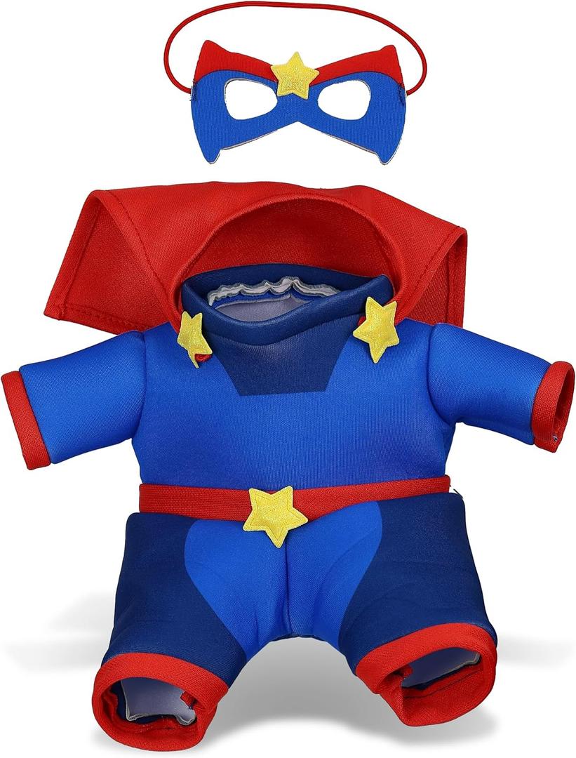 DolliBu Superhero Stuffed Animal Dress Up Set - Blue Super Hero Cape, Suit and Eye Mask Costume - Pretend Play Clothes for Teddy Bears - Large for 8 to 10 Inch Plush Toys