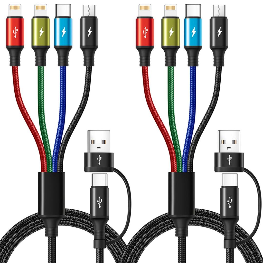 6 in 1 Multiple Charging Cable, 2Pack 6Ft Multi Chargers Cord for All Devices Braided USB A/C to Lightning/Type C/Micro USB Ports Universal Charger Cable for iPhone Series/Samsung/Tablets/PS and More