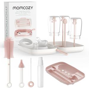 Momcozy 7-in-1 Baby Bottle Cleaner Kit with Silicone, Nipple & Straw Brushes, Soap Dispenser and Drying Rack - Portable Cleaning Tool for Home and Travel, Pink (Classic Style)