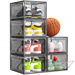 Sturdy Clear Shoe Organizer with Magnetic Door, Stackable Shoe Storage Box | Thick Plastic Shoe Storage for Sneakers & Boots, Collapsible Closet Shoe Rack and Clear Shoe Box, 6 Pack Black