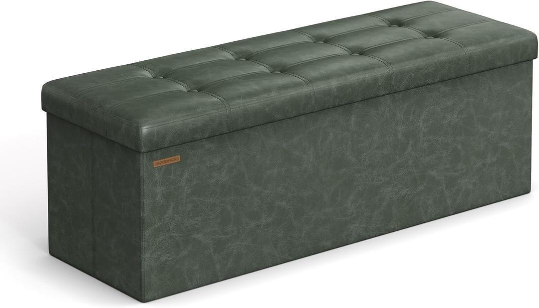 SONGMICS Mazie Collection - 43 Inches Folding Storage Ottoman Bench, Ottoman with Storage, Foot Rest Stool, Load 660 lb, for Living Room, Synthetic Leather, Forest Green ULSF070C01, 15"D x 43"W x 15"H