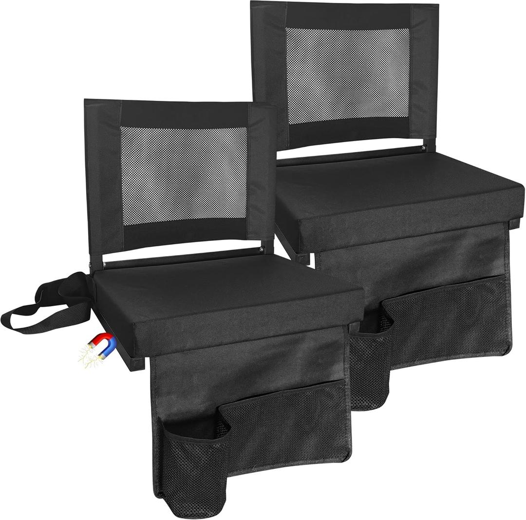Stadium Seats for Bleachers with Back Support, Bleacher Chairs with Backs and Cushion Wide, Portable Folding Seats with Magnetic Bottom Strips, Includes Shoulder Strap - Black (2, Black)