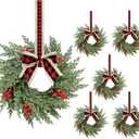 6 Pcs Small Christmas Wreath, Norfolk Pine Wreaths, 14in Mini Wreaths for Cabinets Christmas Candle Rings with Ribbon for Kitchen Window Decor, Mini Decorative Hanging Wreath for Xmas Decor
