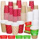 Zhehao 160 Sets/ 480 Pcs Disposable Coffee Cups Christmas Paper Cups with Lids and Sleeves for Cold Drink Tea Hot Cocoa Chocolate Holiday Xmas Party Supplies, 4 Designs (Pretty Style, 16 oz)