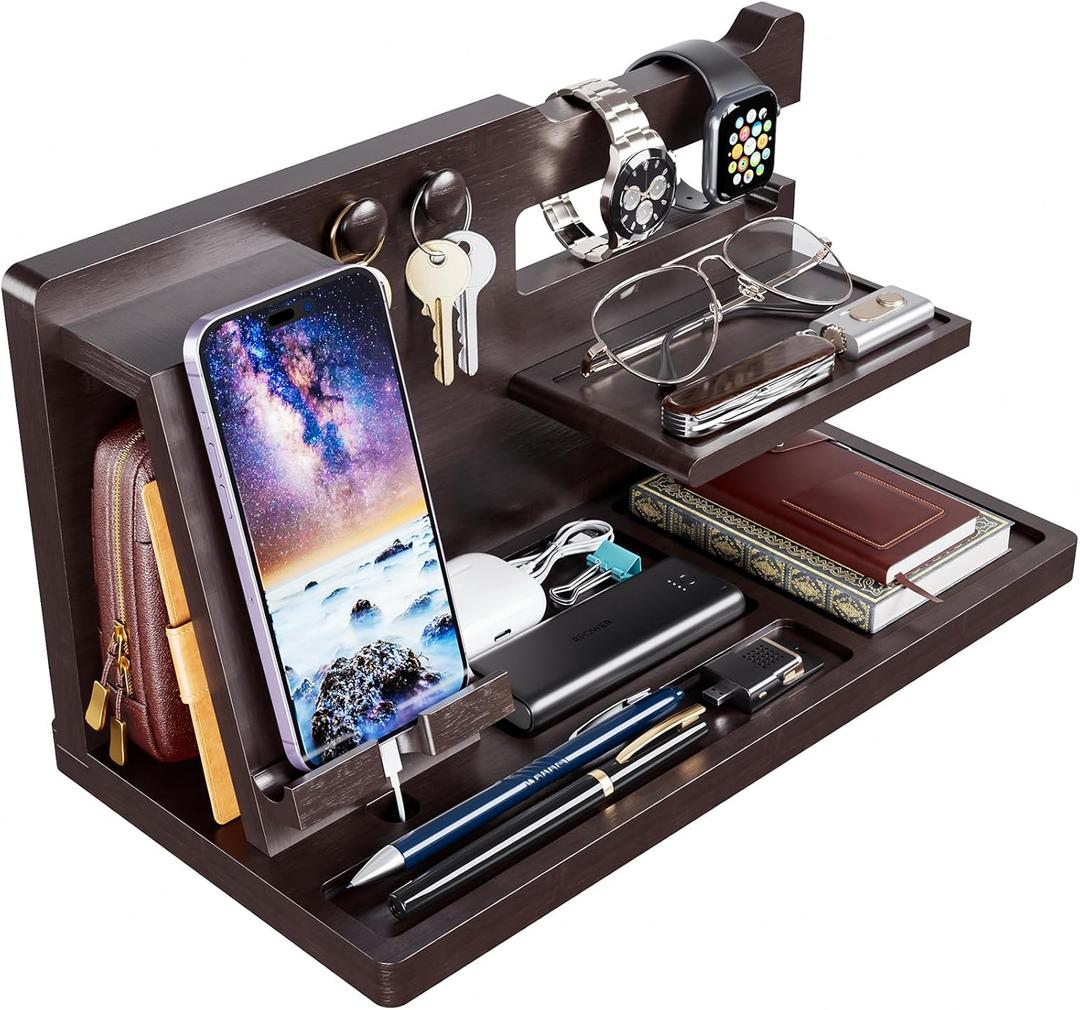 Yirilan Wood Phone Docking Station for Man, Desktop or Nightstand Organizer, Birthday Gifts for Men, Dad, Anniversary, Key Holder, Stand Wallet, Watch & Essentials (Brown)