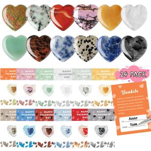 24Pack Valentines Day Cards for Kids School, Valentines Day Gifts For Kids Classroom with Heart Gemstones, Valentine Rock Crystal Exchange Gift Party Favor for Girls Boys School Class