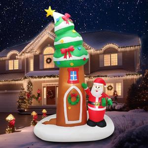 9FT Inflatable Christmas Tree with Santa Claus Blow Up Xmas Tree House with Wreath for Outdoor Decoration Holiday, Winter Festival Display, Yard, Lawn, Garden, Porch Decor Display Party Dcor