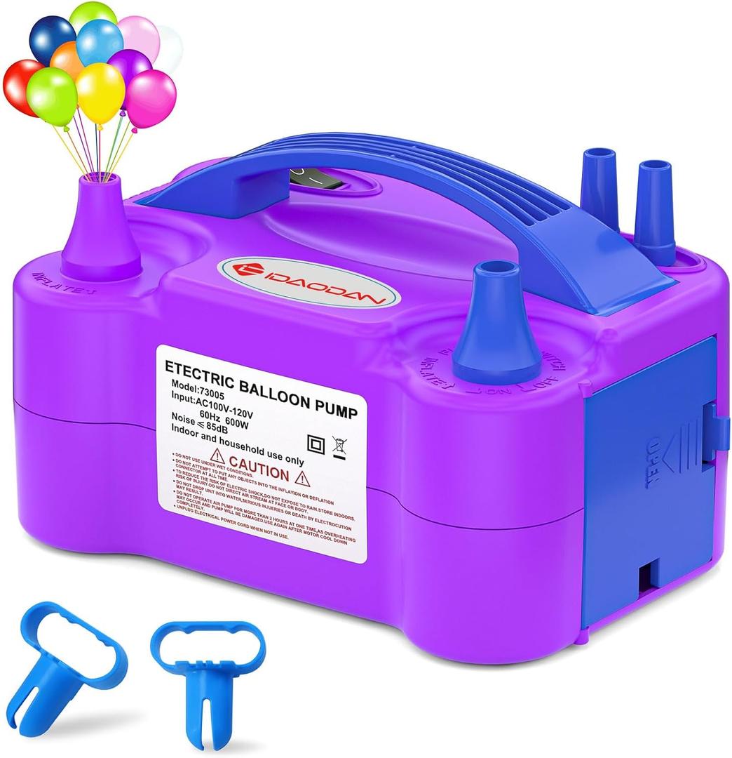 IDAODAN Electric Balloon Pump, Portable Electric Balloon Blower Machine Balloon Air Pump Dual Nozzle Rose Red 110V 600W Balloon Inflator for Party Decorations (Purple/Blue)