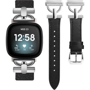 Wearlizer Leather Band Compatible with Fitbit Versa 3/4 Sense 2 Bands, Dressy Leather Strap with D-Shape Metal Buckle for Women's Smartwatch