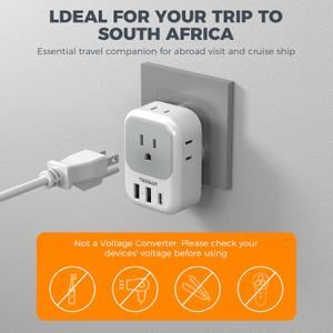 South Africa Plug Adapter 1 Pack, TESSAN Type M Power Adapter with 4 AC Outlets 3 USB Ports(1 USB C), Travel Adaptor US to Botswana Namibia Nepal Bhutan