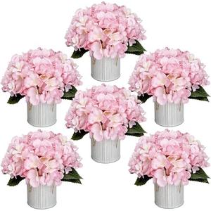 DIYDOFUN Flower Table Centerpieces - Set of 6 Floral Arrangement Artificial Wedding Hydrangeas Floral Arrangement with Rustic Metal Vase for Bridal Tea Party Event Decorations - Pink