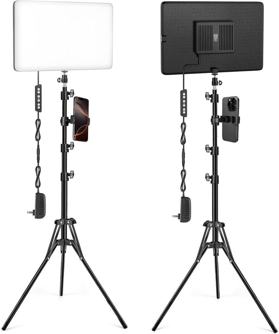 2-Pack LED Video Light Kit with 63'' Tripod Stand, 2500K-8500K Dimmable Studio Light Photography Panel Lighting for Video Recording Game Live Streaming Podcast YouTube Filming, Phone Holder