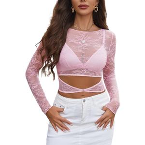 Avidlove Womens Long Sleeve Mesh Top Mock Neck Sexy See Through Shirt Cut Out Floral Lace Tops (with Bra), Size XL