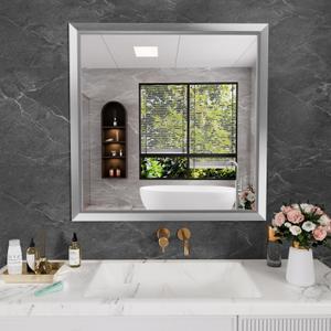 Amorho Bathroom Mirror for Wall 36x36 Inch, Brushed Silver Metal Framed | Anti-rust, HD Reflection, Tempered Glass, Mirrors for Over Sink, Bedroom, Living Room, Entryway, Horizontal or Vertical.
