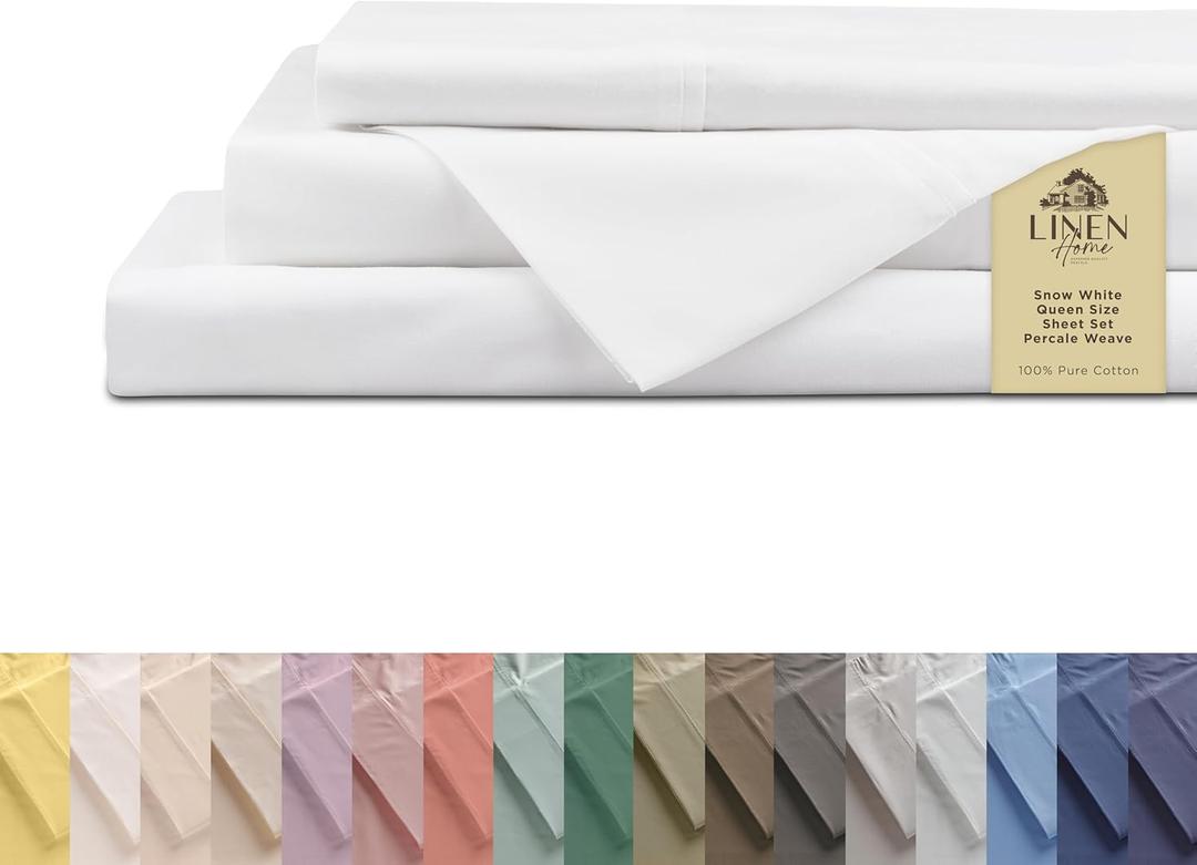 Linen Home 100% Cotton Percale Sheets Queen Size, Snow White, Deep Pocket, 1 Pieces 1 Deep Pocket Fitted Sheet , Crisp Cool and Strong Bed Linen