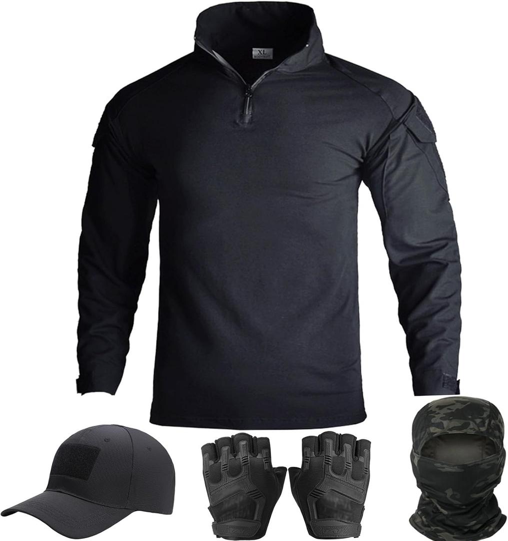 Mens Tactical Camo Shirt,Long Sleeve Combat Shirt,Cap Gloves Balaclava and 1/4 Zip Military Top Airsoft Gear (Large, Black)