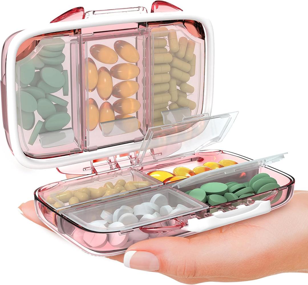 Travel Pill Organizer - Moisture Proof Portable Vitamin Holder with 7 Compartments, Compact Supplement Case for Purse Essential Medicine Kit fot Traveling Pocket Pharmacy with Labels, Pink Travel Pill Organizer - Moisture Proof Portable Vitamin Holder with 7 Compartments, Compact Supplement Case for Purse Essential Medicine Kit fot Traveling Pocket Pharmacy with Labels, Pink