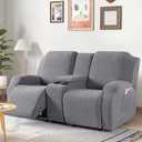 VANSOFY Recliner Loveseat Cover with Middle Console Stretch Reclining Sofa Slipcover for 2 Seat Jacquard Reclining Couch Sofa Covers Furniture Protector with Elastic Straps Bottom (Light Gray)