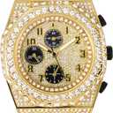Men's 43mm Iced Out Octagonal Case Silicone Band Watch (GOLD-BLACK)