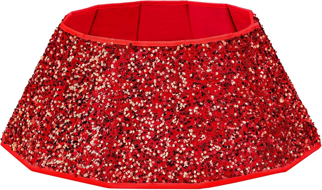Blissun Christmas Tree Collar, Sequin Christmas Tree Skirt, Foldable Tree Ring, Xmas Tree Stand Base Cover for Christmas Tree Decoration, Round Red