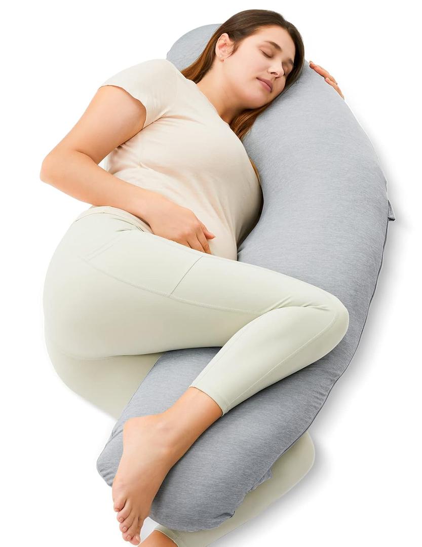 Momcozy J-Shaped Pregnancy Pillow for Sleeping with Cooling Cover Maternity Body Pillow for Pregnant Women, Side Sleeper Support for Belly, Hip & Leg, Deep Grey