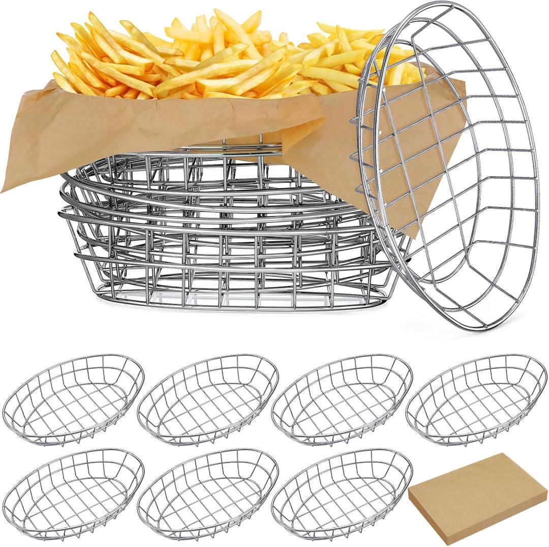 Hushee 12 Pcs Wire Bread Basket Bulk 9.5x6.2x2.2 Inch Oval Metal Dinner Roll Baskets for table Serving Fruit Bowl with 50 Deli Wrapper Paper for Restaurant Kitchen Fast Food (Silver)
