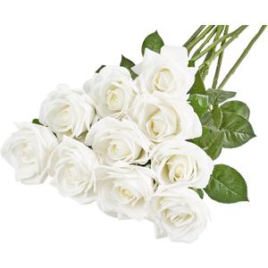 Mkono Rose Artificial Flowers 10 PCS Fake Rose Bouquet Silk Faux Flowers with Long Stem Realistic Blossom Roses for Home Decor Wedding Party Valentine's Day DIY Decorations (White)