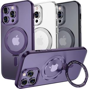 MAGIC JOHN Magnetic Case for iPhone 14 Pro Max Phone Case [Compatible with Magsafe] [with Magnetic Mental Stand][Military Grade Shockproof][Anti Yellowing] Translucent Matte Back with Soft Edge,Purple