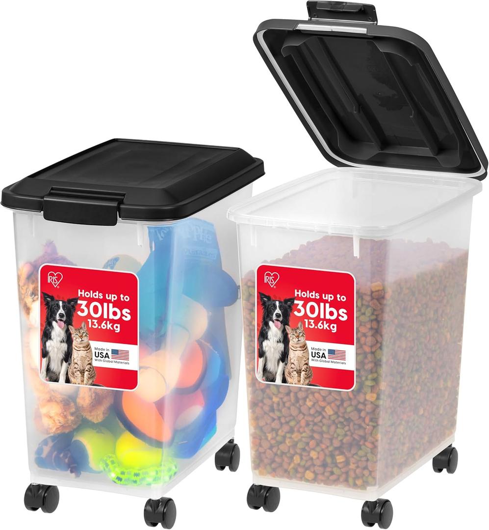 2 x IRIS USA Dog Food Storage Container, 2 Pack, Up to 30 lbs Each, Airtight Seal for Freshness, Wheels for Rolling, Easy One Hand Opening, Made in USA, BPA Free, Clear/Black