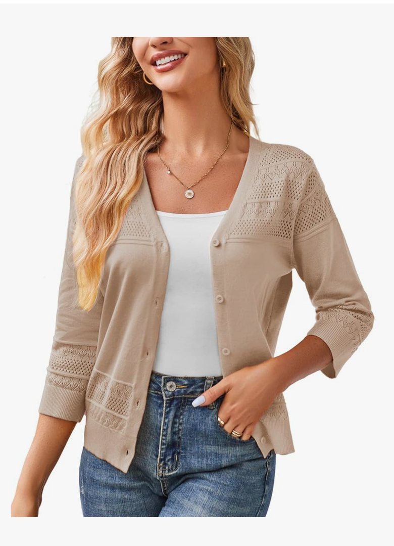 GRACE KARIN Women's 2025 Cropped Cardigan 3/4 Sleeve Lightweight Crochet Shrug Hollowed-Out Knit Sweater Tops, Size S