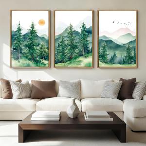 ANHUIB Extra Large Forest Wall Art Green Mountain Wall Decor Set of 3 for Living Room Bedroom Dining Room 24x36 Inch