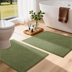 YIHOUSE Green Bathroom Rugs Sets 2 Piece, Quick Dry Thin Bath Mat with Toilet Rug, Non Slip Absorbent Machine Washable, Bath Rugs for Tub Sink Home Decor (17"x24" + 17.5"x24" U-Shaped)