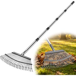 Heavy Duty Garden Rake, Metal Leaf Rake with 73 Inch Adjustable Handle and 25 Tines for Lawn, Yard, Garden Beds, Leaves, Debris and Shrubs