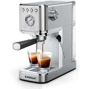 CHULUX Kom-Pro Espresso Machine 20 Bar, Semi Automatic Stainless Steel Coffee Machine for Home Latte Cappuccino Espresso Maker, Powerful Milk Frother Steam Wand (Stainless Steel)