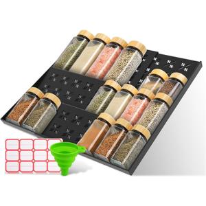 Spice Drawer Organizer 3-Tier Expandable (11"-22" Wide), Spice Rack for Cabinet with Funnel & Spice Labels, Fits Large Jars, Seasoning Storage Insert Design for Cabinet & Drawer (Black)