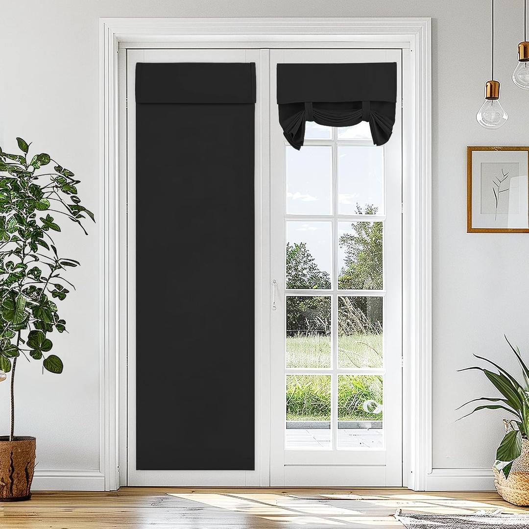 Vatge Blackout French Door Curtain - W26 x L70, 1 Panel, Black, Room Darkening Window Covering Tie Up Shades for Privacy, Thermal Insulated Door Curtain for Glass Window