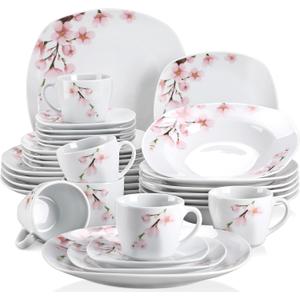 VEWEET Annie Porcelain Dinnerware for 6, 30-Piece Pink Floral Dish Set With Plates and Bowls Including Dinner, Dessert, Soup, Cups & Saucers