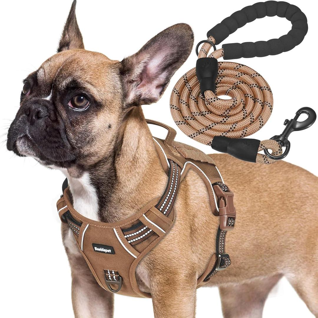 Beebiepet Heavy Duty Tactical Dog Harness for Medium Dogs, Brown, Molle System, Four-Point Adjustment, Anti-Lost ID Tag, Includes 5ft Leash