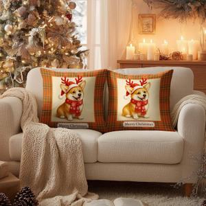 Set of 2 Christmas Corgi Throw Pillow Covers 18x18 Inch Soft Decorative Dog Cushion Covers Plaid Holiday Winter Pillow Cases Rustic Farmhouse Decor for Sofa Couch Bed Living Room