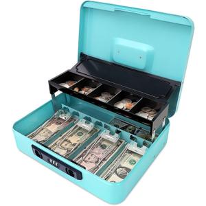 Jssmst Locking Metal Cash Box with Coin Lid, 11.8L x 9.5W x 3.5H Inches, Safe Money Box with Key Lock, Light Blue, SMCB0519LB