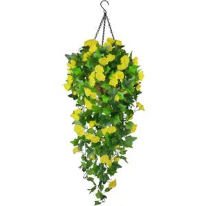 Artificial Fake Hanging Flowers Plants Basket for Spring Outdoor Outside Decoration, UV Resistant Faux Plastic Fabric Flower Morning Glory Wisteria Petunia for Garden Porch Patio Balcony Yard Decor, Yellow